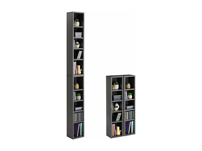 Etagères modulables MUSIQUE pour CD et DVD, lot de 2 meubles de rangement en colonne avec 10 compartiments, en mélaminé gris mat