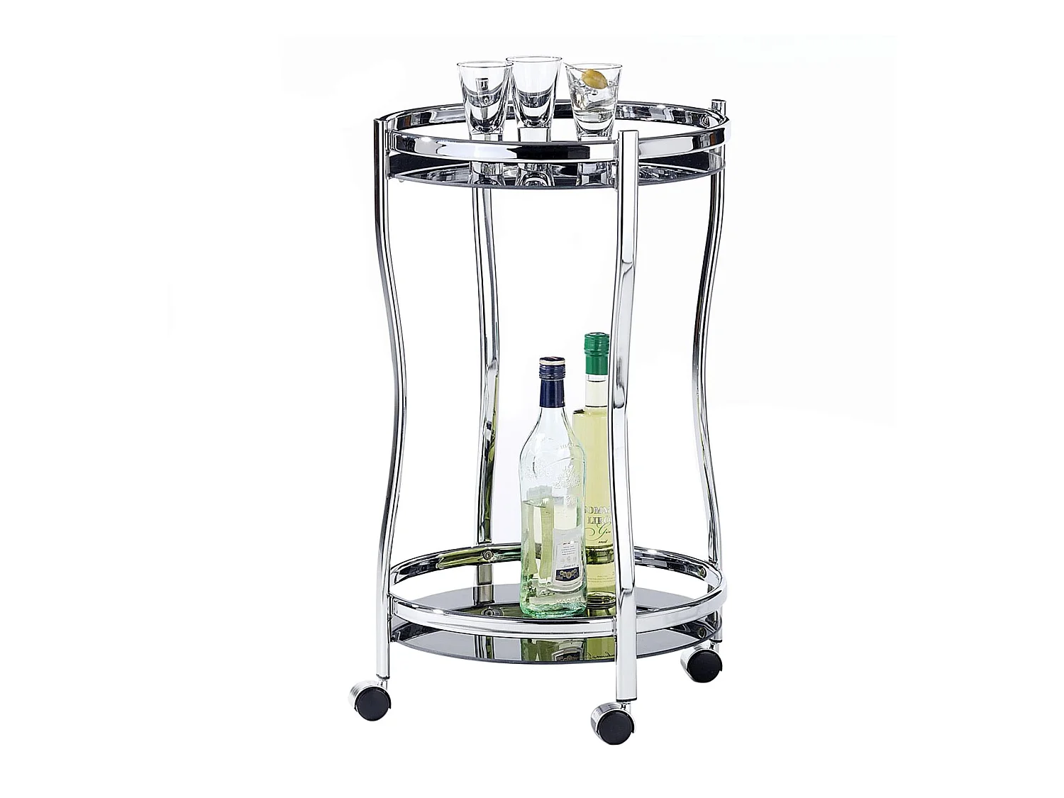 Chariot de service VEGA table d'appoint ronde sur roulettes chariot à thé et boisson en métal chromé 2 étagères en verre trempé noir