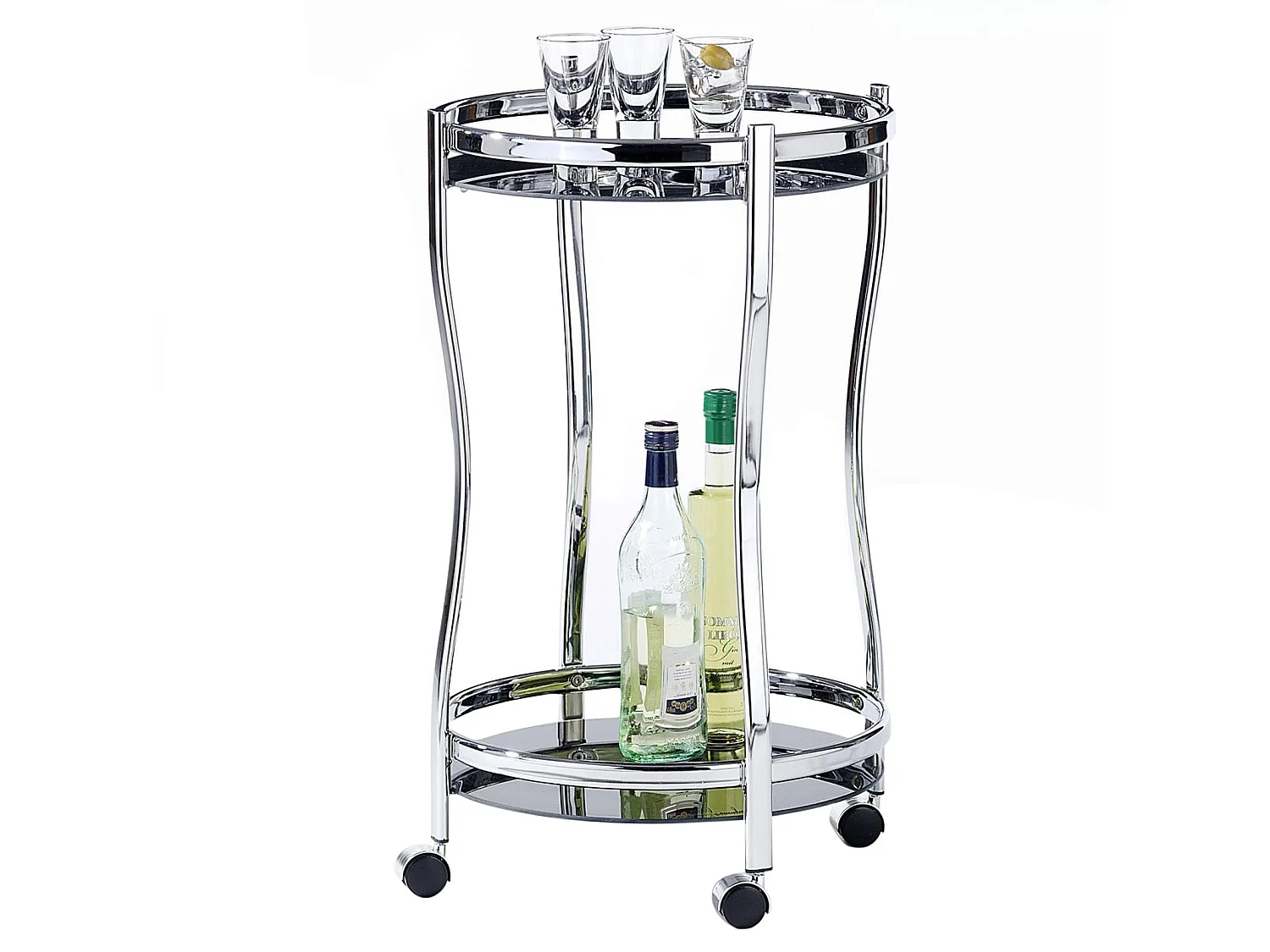 Chariot de service VEGA table d'appoint ronde sur roulettes chariot à thé et boisson en métal chromé 2 étagères en verre trempé noir