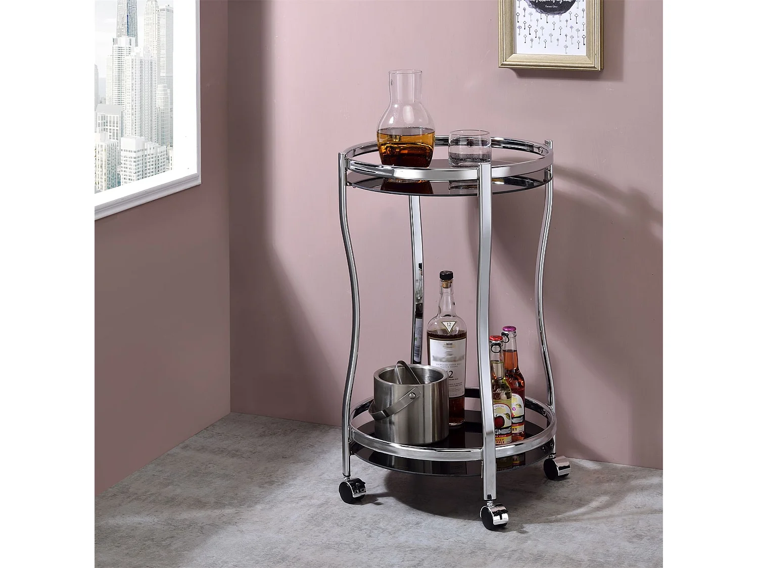 Chariot de service VEGA table d'appoint ronde sur roulettes chariot à thé et boisson en métal chromé 2 étagères en verre trempé noir