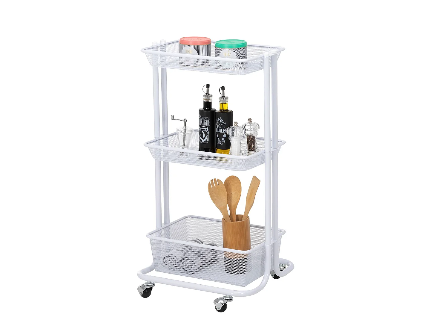 Desserte sur roulettes VALIENTE avec 3 bacs de rangement, chariot avec paniers pour cuisine, bureau ou chambre d'enfant, métal blanc