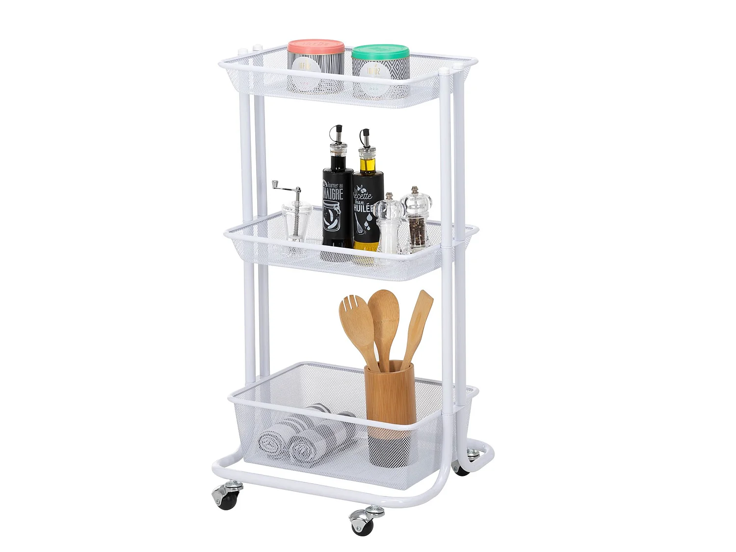 Desserte sur roulettes VALIENTE avec 3 bacs de rangement, chariot avec paniers pour cuisine, bureau ou chambre d'enfant, métal blanc