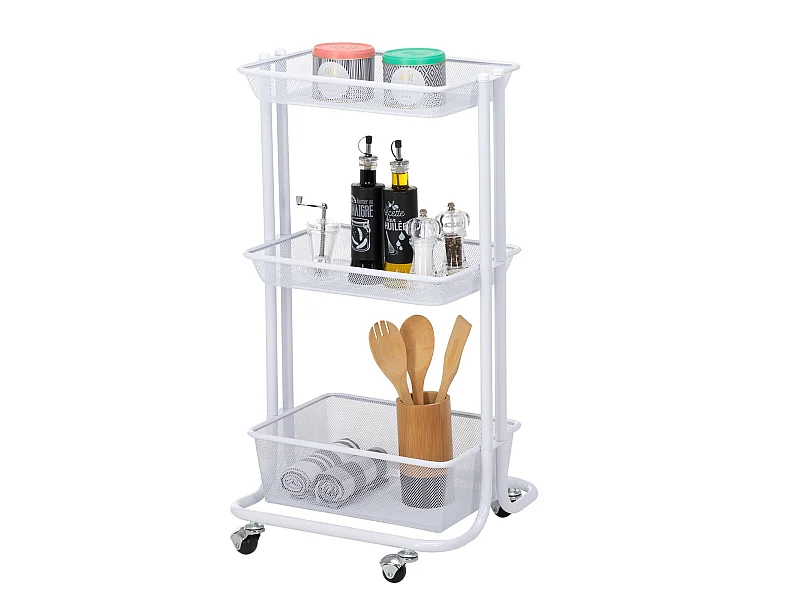 Desserte sur roulettes VALIENTE avec 3 bacs de rangement, chariot avec paniers pour cuisine, bureau ou chambre d'enfant, métal blanc