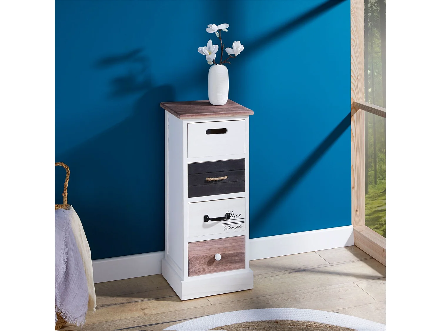 Chiffonnier LAGUNA étagère de rangement avec 4 tiroirs en bois de paulownia style shabby chic vintage rustique blanc brun noir