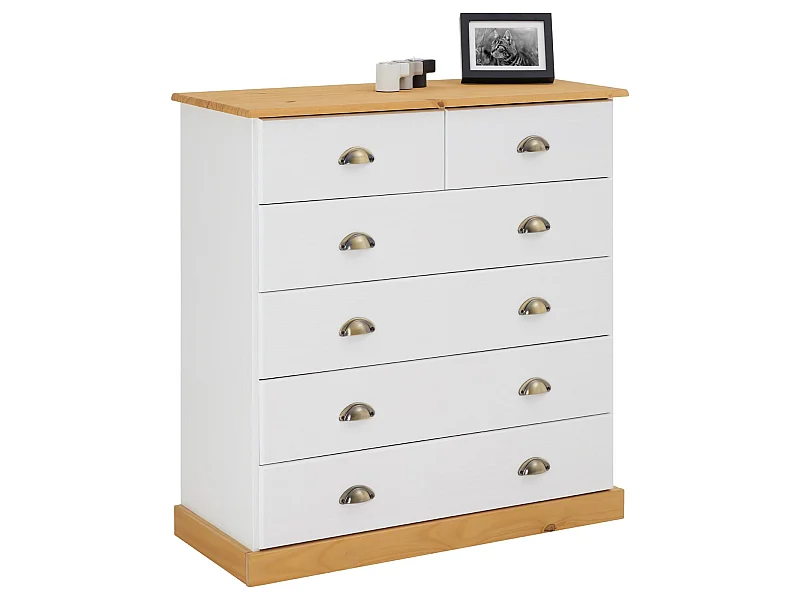 Commode chambre PARIS L 91 cm en bois massif lasuré blanc et brun avec 6 tiroirs avec poignées coquille en métal