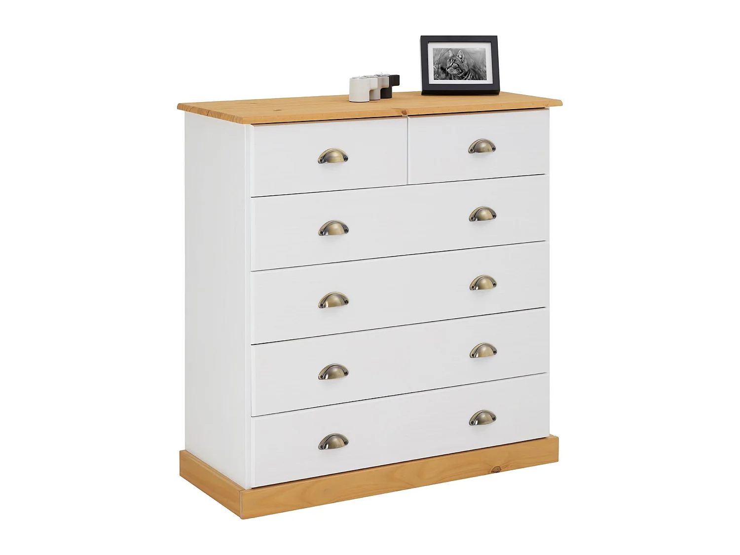 Commode chambre PARIS L 91 cm en bois massif lasuré blanc et brun avec 6 tiroirs avec poignées coquille en métal