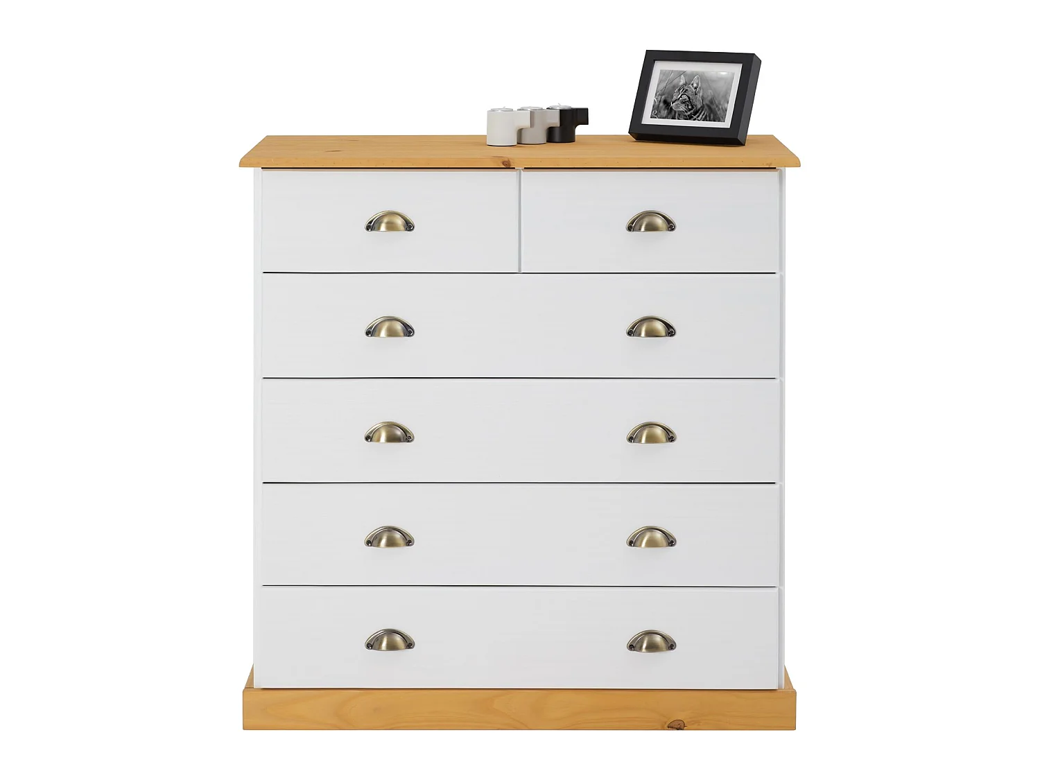 Commode chambre PARIS L 91 cm en bois massif lasuré blanc et brun avec 6 tiroirs avec poignées coquille en métal