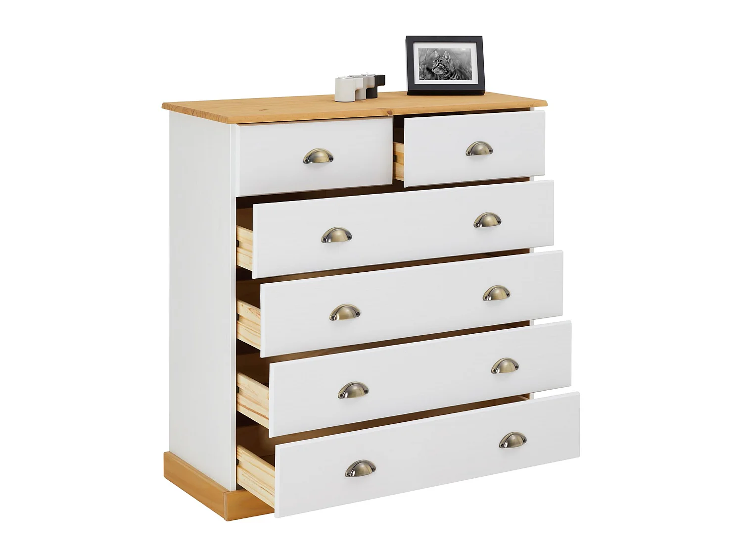 Commode chambre PARIS L 91 cm en bois massif lasuré blanc et brun avec 6 tiroirs avec poignées coquille en métal