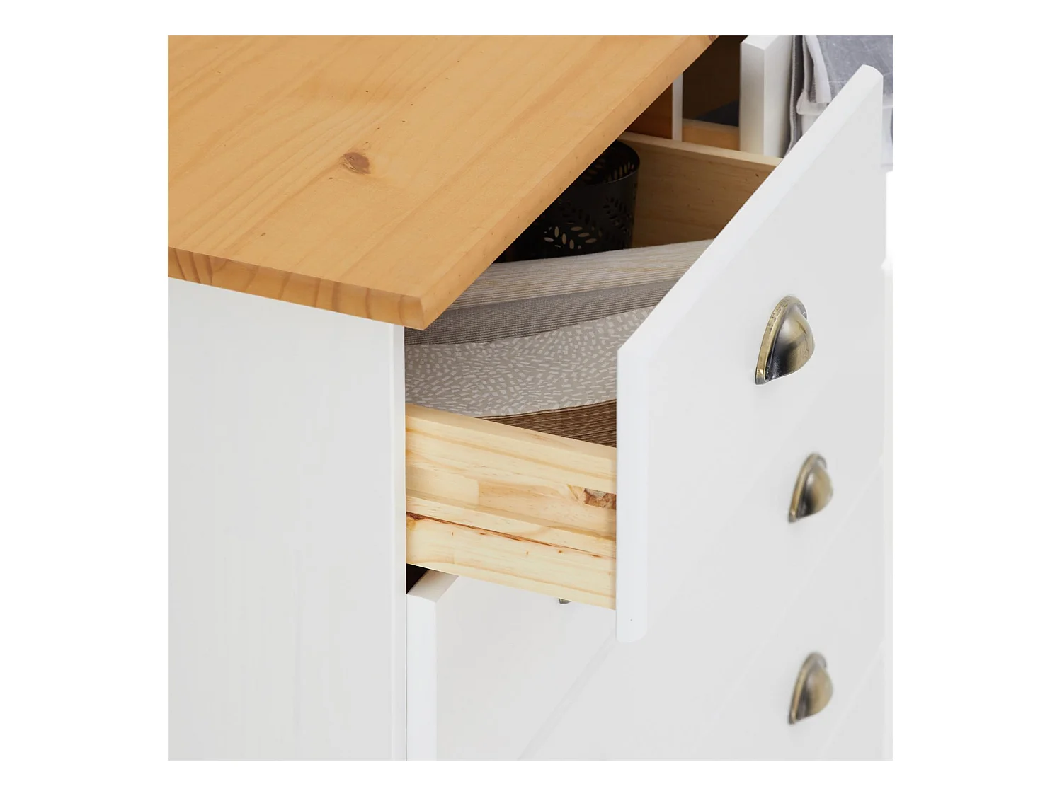 Commode chambre PARIS L 91 cm en bois massif lasuré blanc et brun avec 6 tiroirs avec poignées coquille en métal