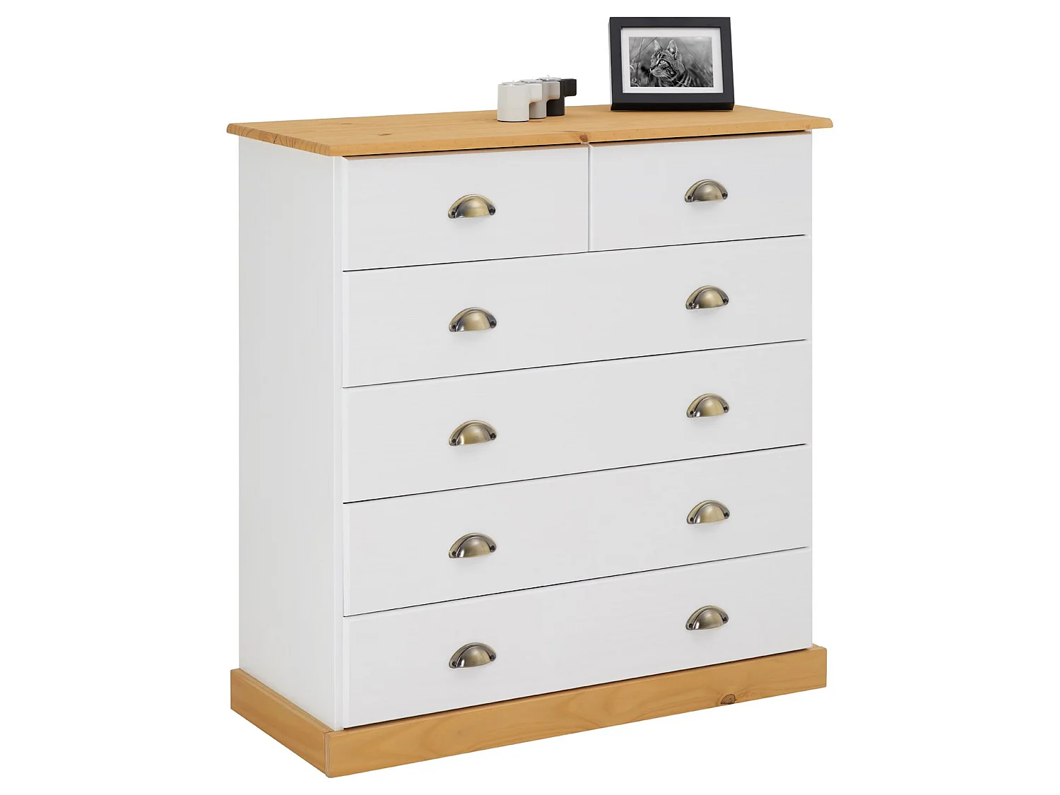 Commode chambre PARIS L 91 cm en bois massif lasuré blanc et brun avec 6 tiroirs avec poignées coquille en métal