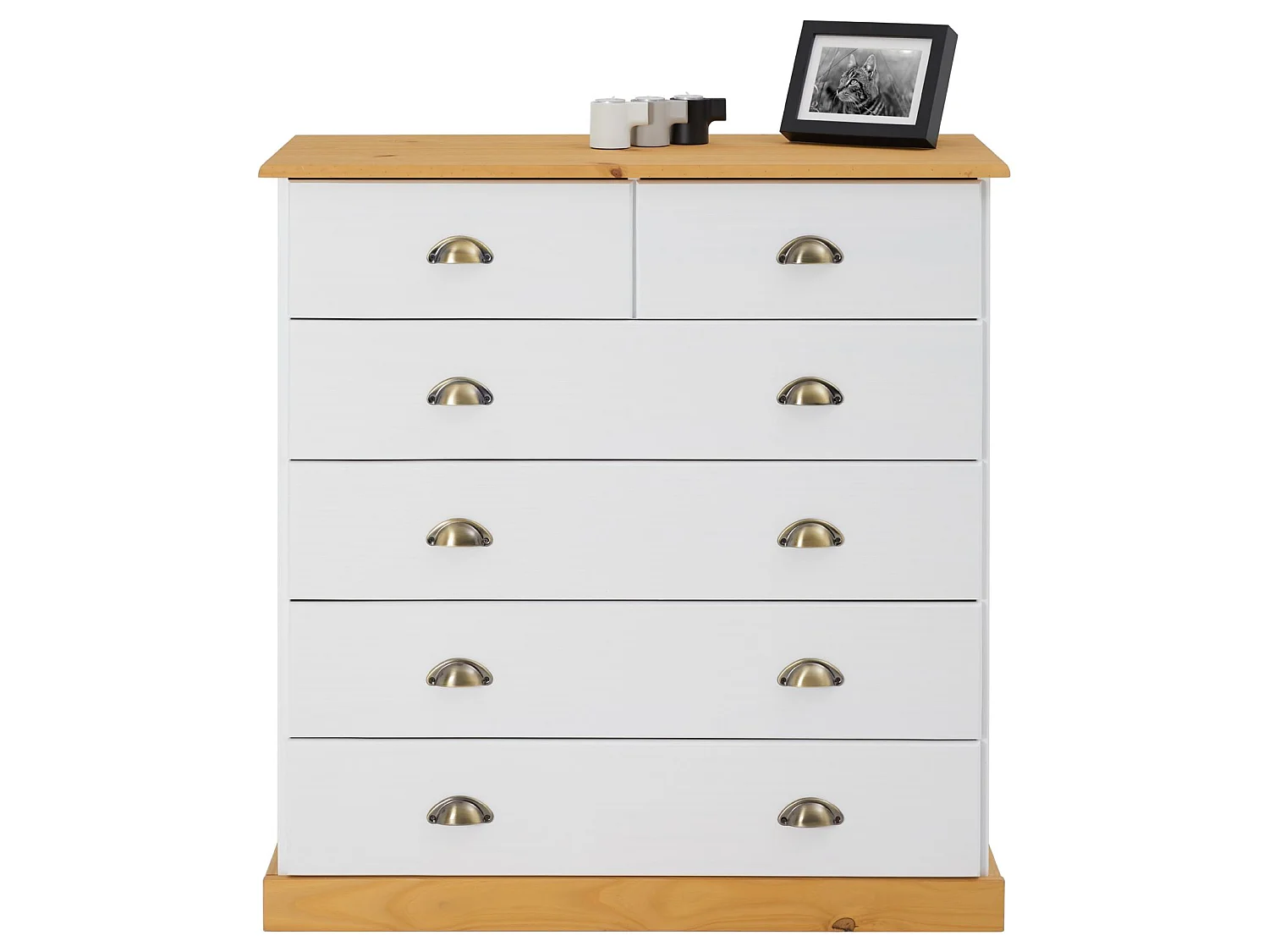 Commode chambre PARIS L 91 cm en bois massif lasuré blanc et brun avec 6 tiroirs avec poignées coquille en métal