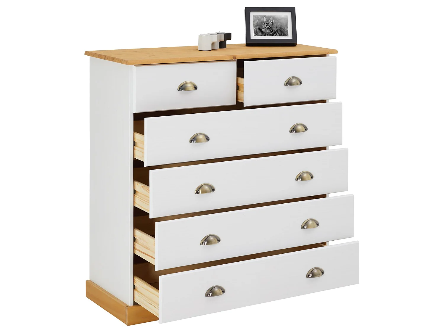 Commode chambre PARIS L 91 cm en bois massif lasuré blanc et brun avec 6 tiroirs avec poignées coquille en métal