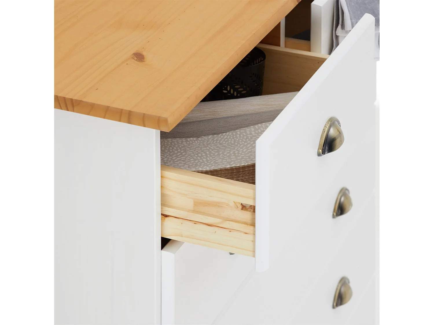 Commode chambre PARIS L 91 cm en bois massif lasuré blanc et brun avec 6 tiroirs avec poignées coquille en métal