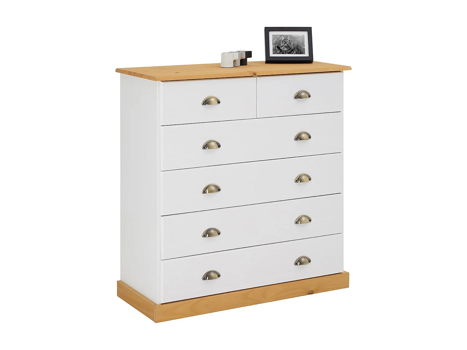 Commode chambre PARIS L 91 cm en bois massif lasuré blanc et brun avec 6 tiroirs avec poignées coquille en métal