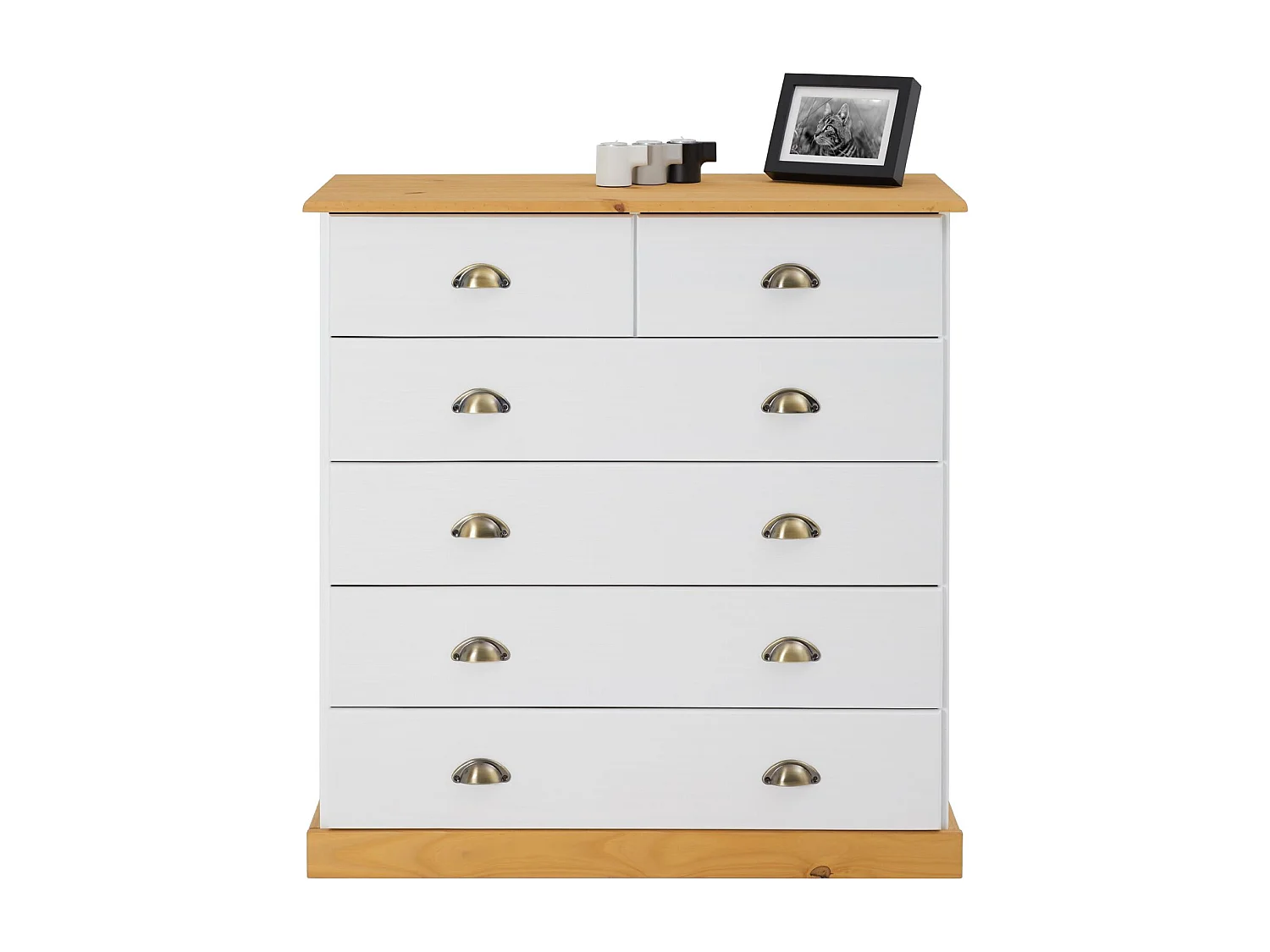 Commode chambre PARIS L 91 cm en bois massif lasuré blanc et brun avec 6 tiroirs avec poignées coquille en métal