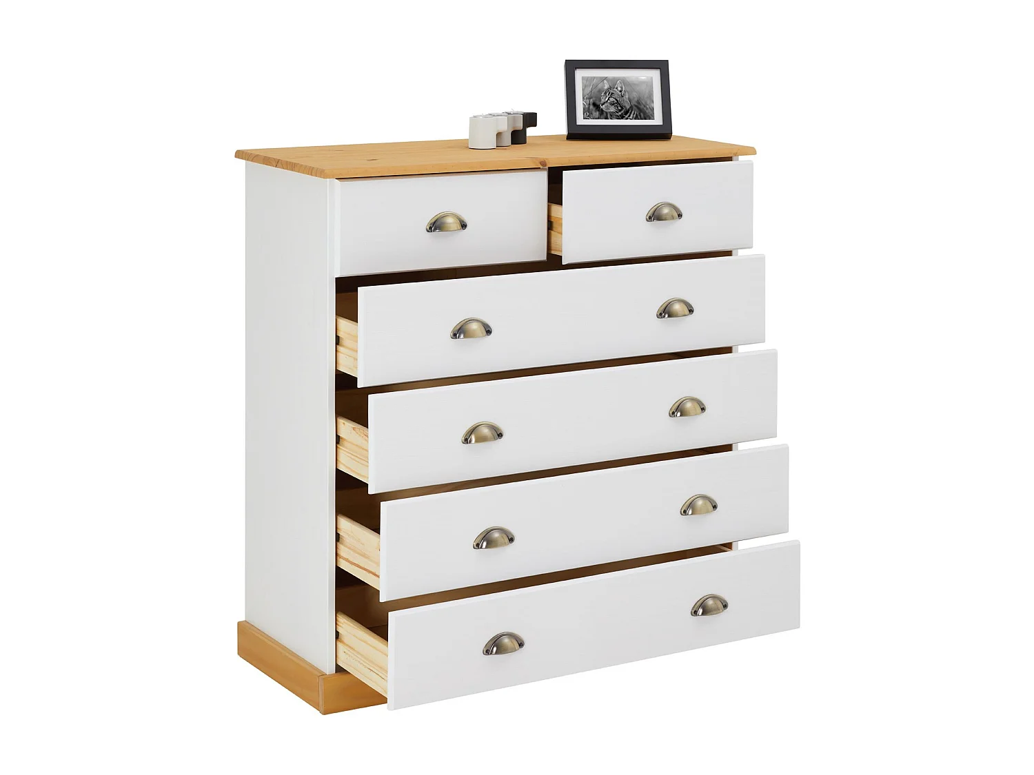 Commode chambre PARIS L 91 cm en bois massif lasuré blanc et brun avec 6 tiroirs avec poignées coquille en métal