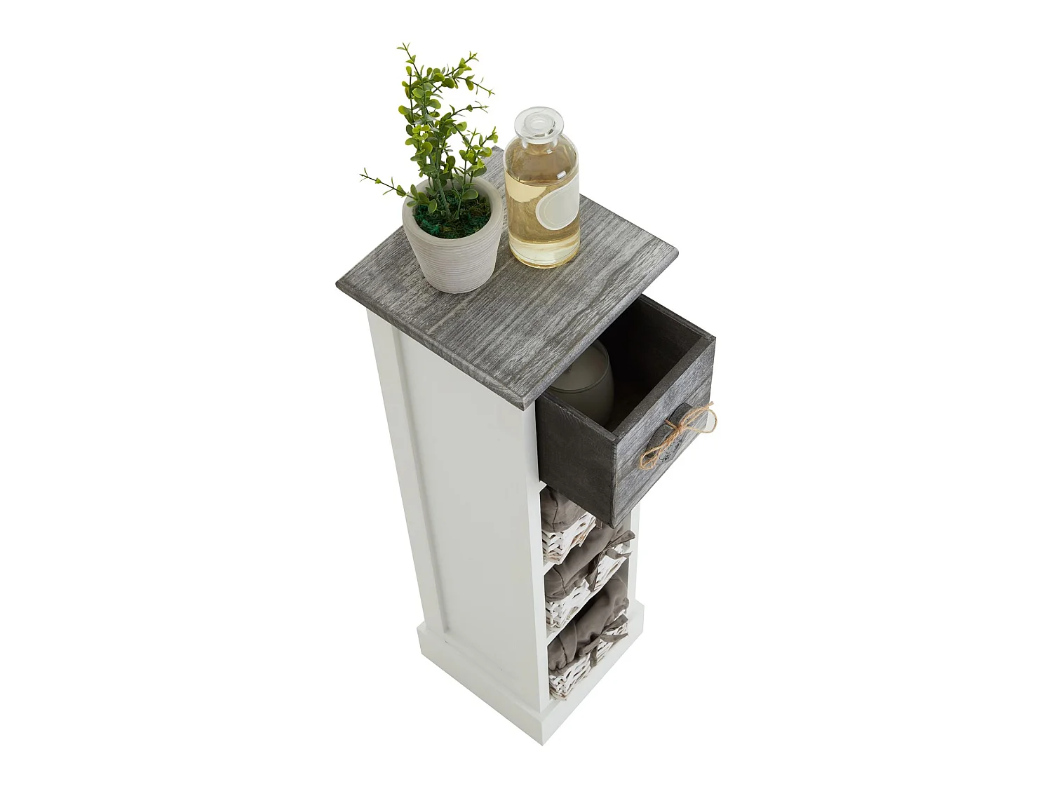 Chiffonnier FLOWER petit meuble avec 1 tiroir et 3 paniers étagère en bois de paulownia blanc et gris style shabby chic
