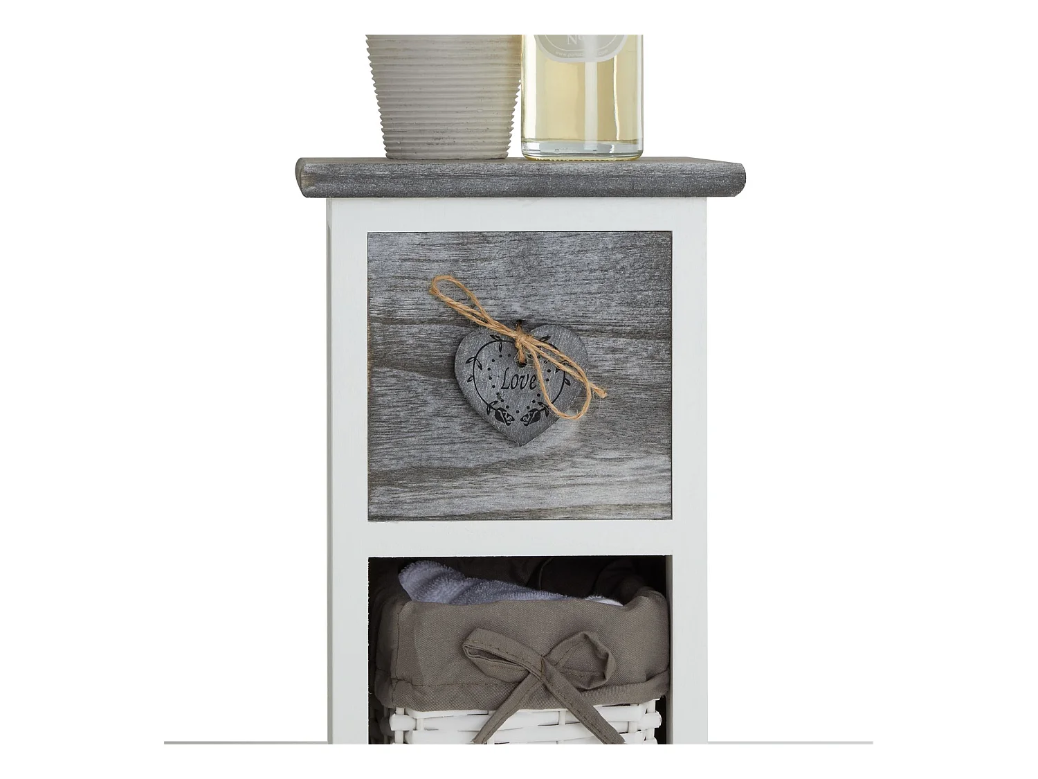 Chiffonnier FLOWER petit meuble avec 1 tiroir et 3 paniers étagère en bois de paulownia blanc et gris style shabby chic