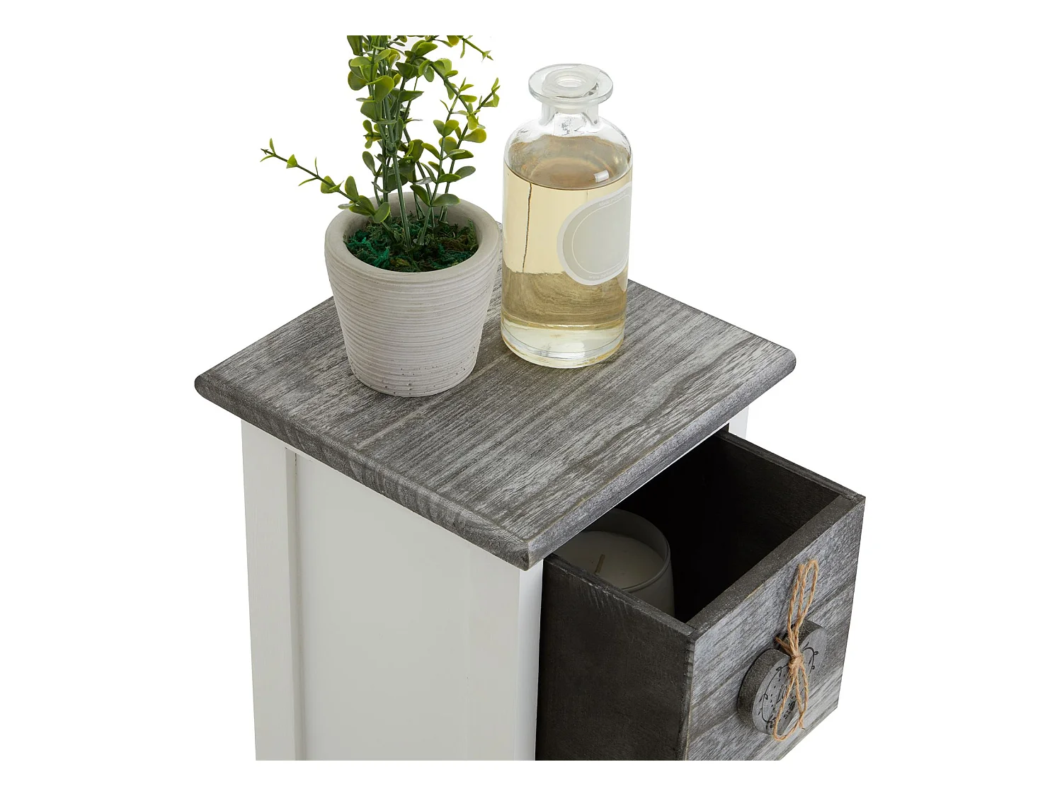 Chiffonnier FLOWER petit meuble avec 1 tiroir et 3 paniers étagère en bois de paulownia blanc et gris style shabby chic