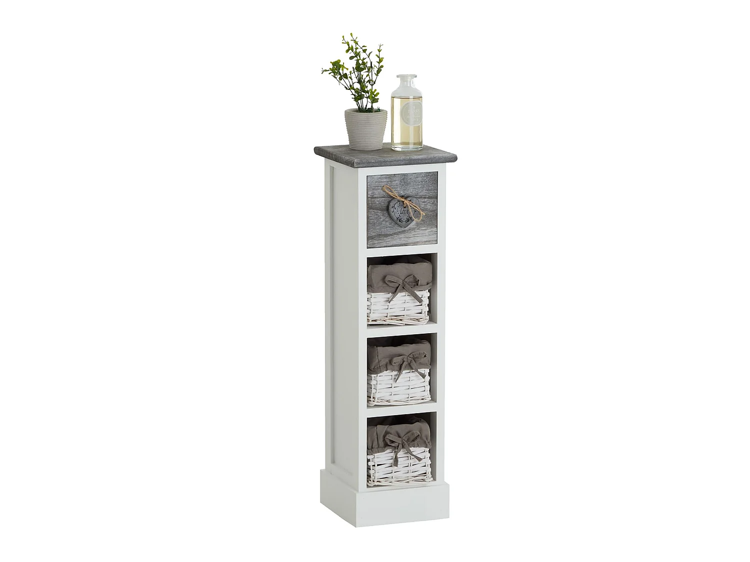 Chiffonnier FLOWER petit meuble avec 1 tiroir et 3 paniers étagère en bois de paulownia blanc et gris style shabby chic