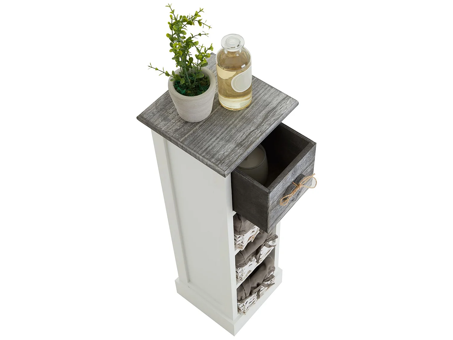 Chiffonnier FLOWER petit meuble avec 1 tiroir et 3 paniers étagère en bois de paulownia blanc et gris style shabby chic