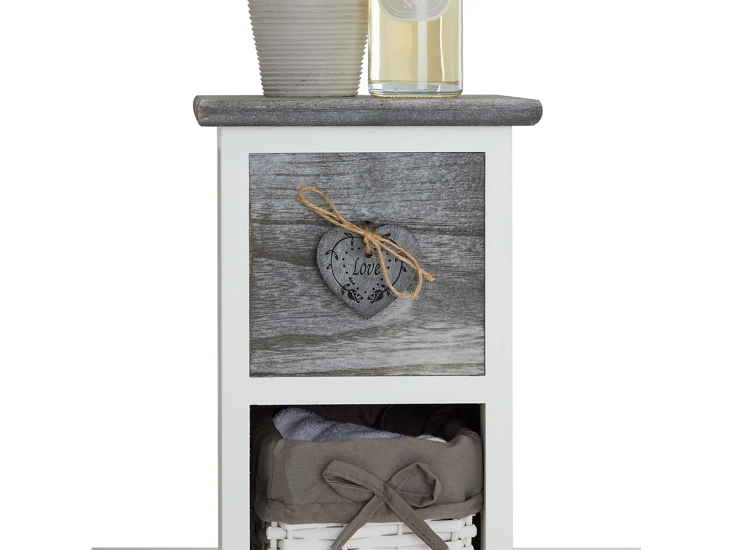 Chiffonnier FLOWER petit meuble avec 1 tiroir et 3 paniers étagère en bois de paulownia blanc et gris style shabby chic