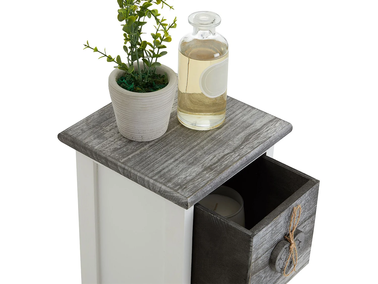 Chiffonnier FLOWER petit meuble avec 1 tiroir et 3 paniers étagère en bois de paulownia blanc et gris style shabby chic