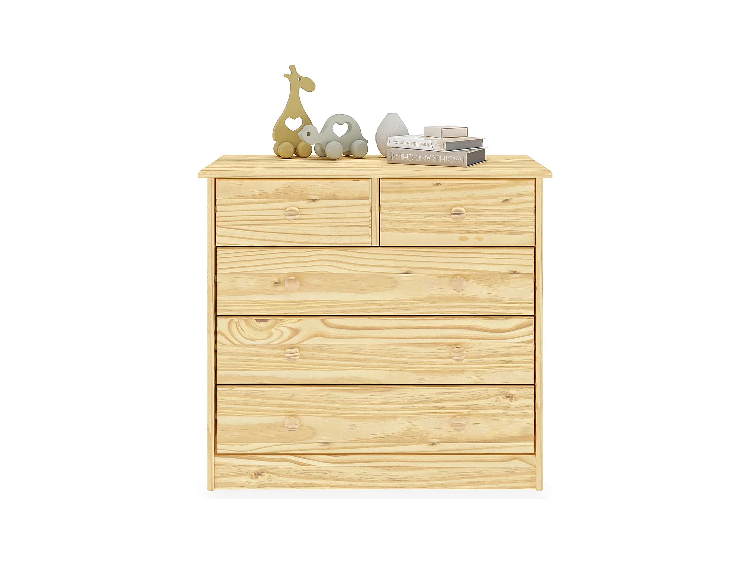 Commode de chambre RONDO meuble de rangement avec 5 tiroirs, en pin massif vernis naturel