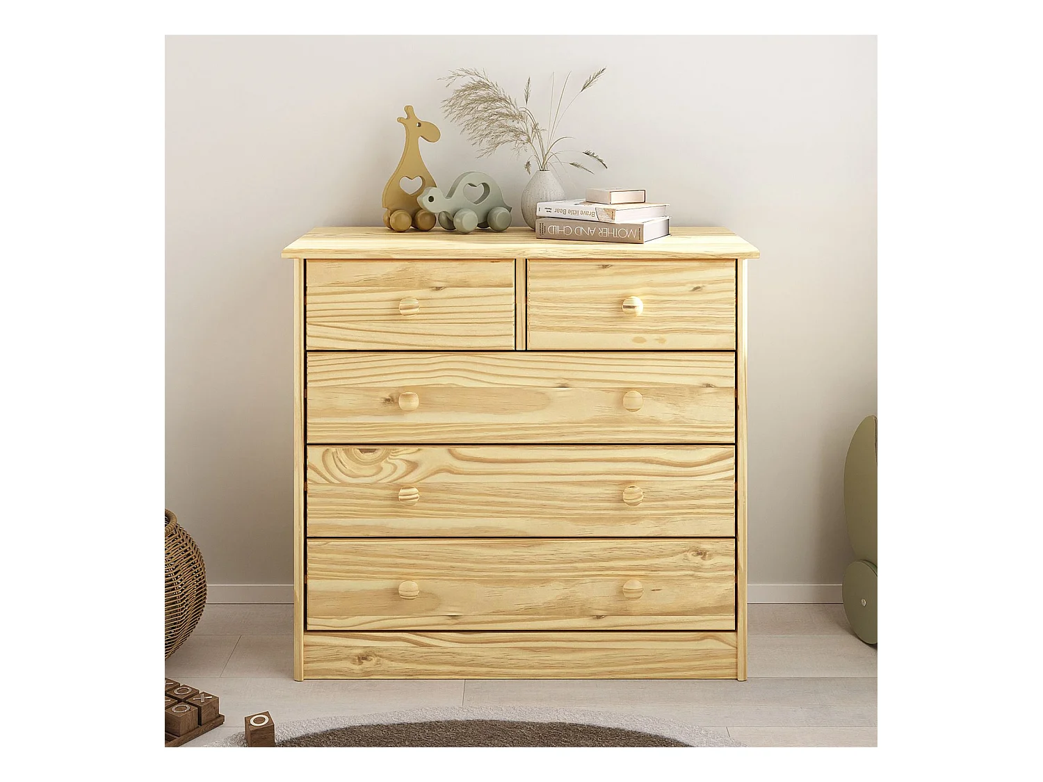 Commode de chambre RONDO meuble de rangement avec 5 tiroirs, en pin massif vernis naturel