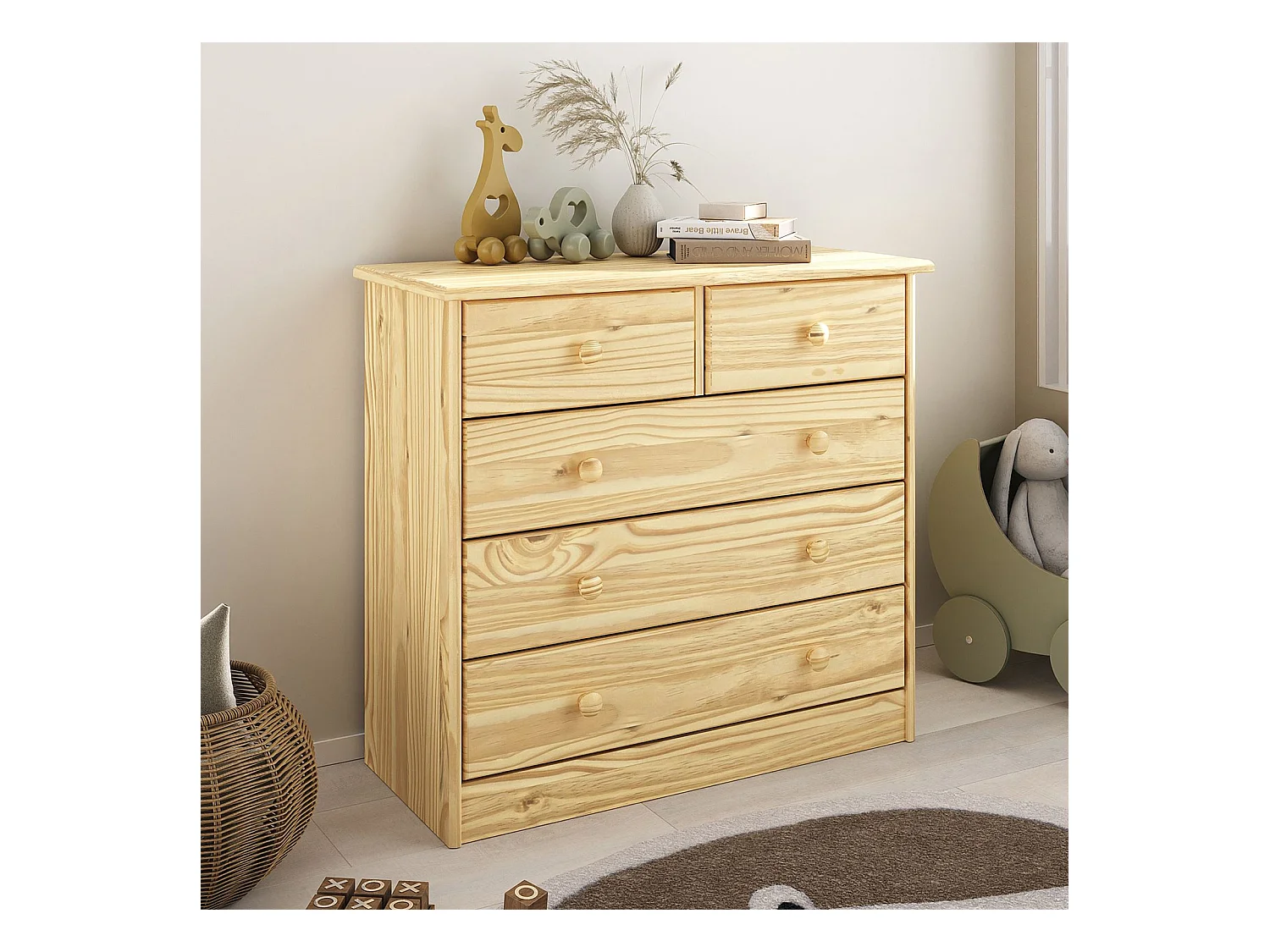 Commode de chambre RONDO meuble de rangement avec 5 tiroirs, en pin massif vernis naturel