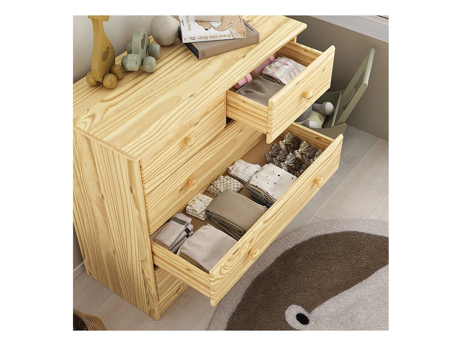 Commode de chambre RONDO meuble de rangement avec 5 tiroirs, en pin massif vernis naturel