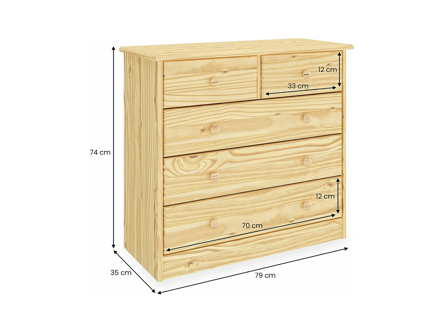 Commode de chambre RONDO meuble de rangement avec 5 tiroirs, en pin massif vernis naturel