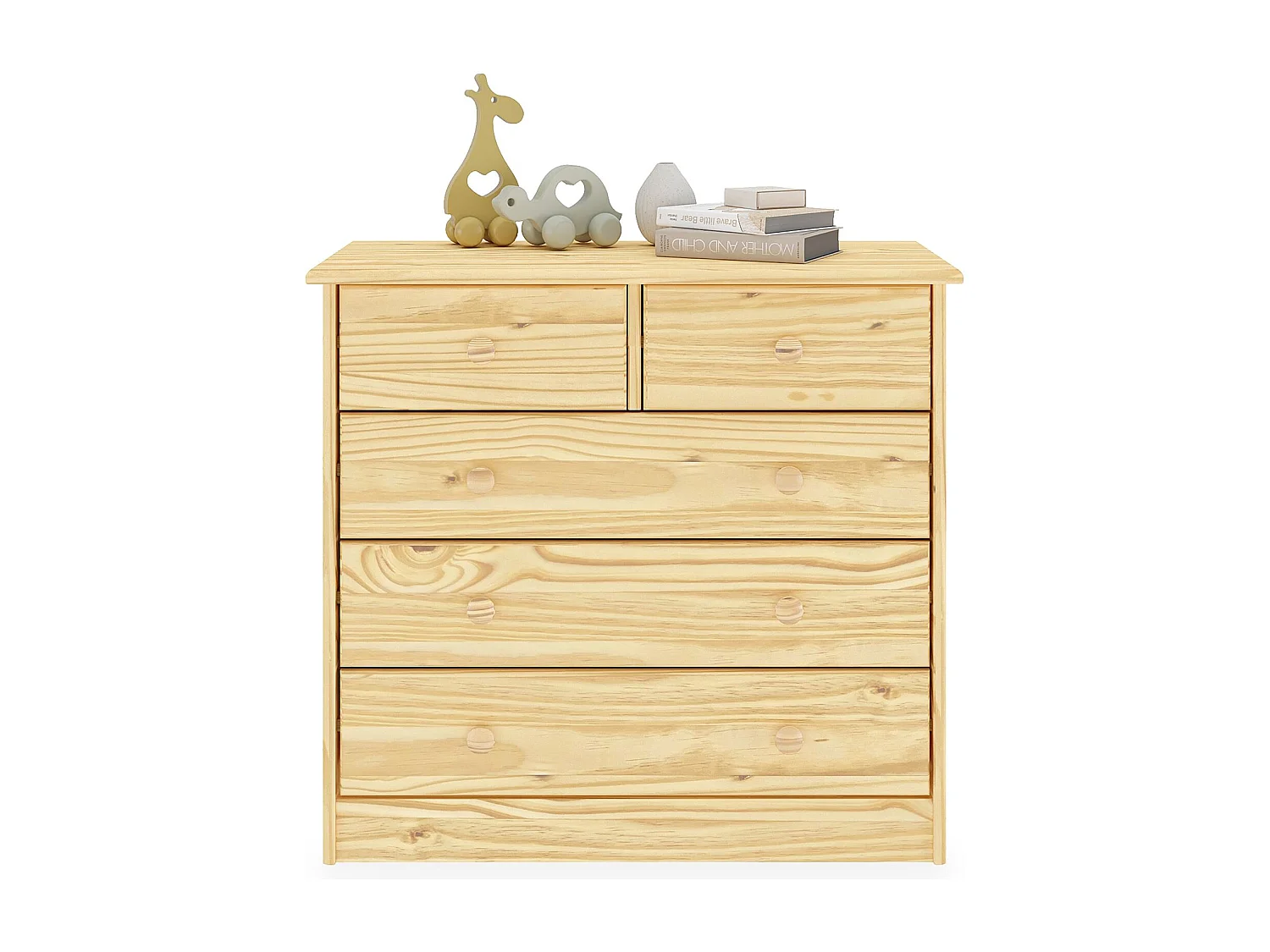 Commode de chambre RONDO meuble de rangement avec 5 tiroirs, en pin massif vernis naturel