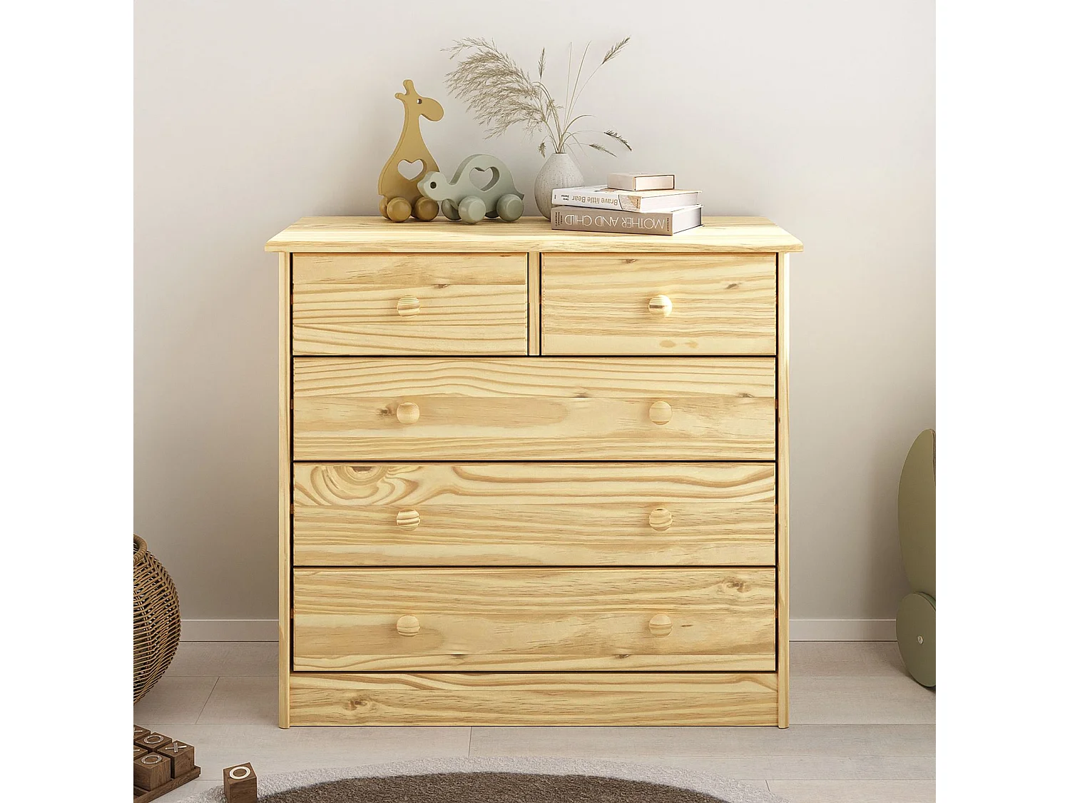 Commode de chambre RONDO meuble de rangement avec 5 tiroirs, en pin massif vernis naturel