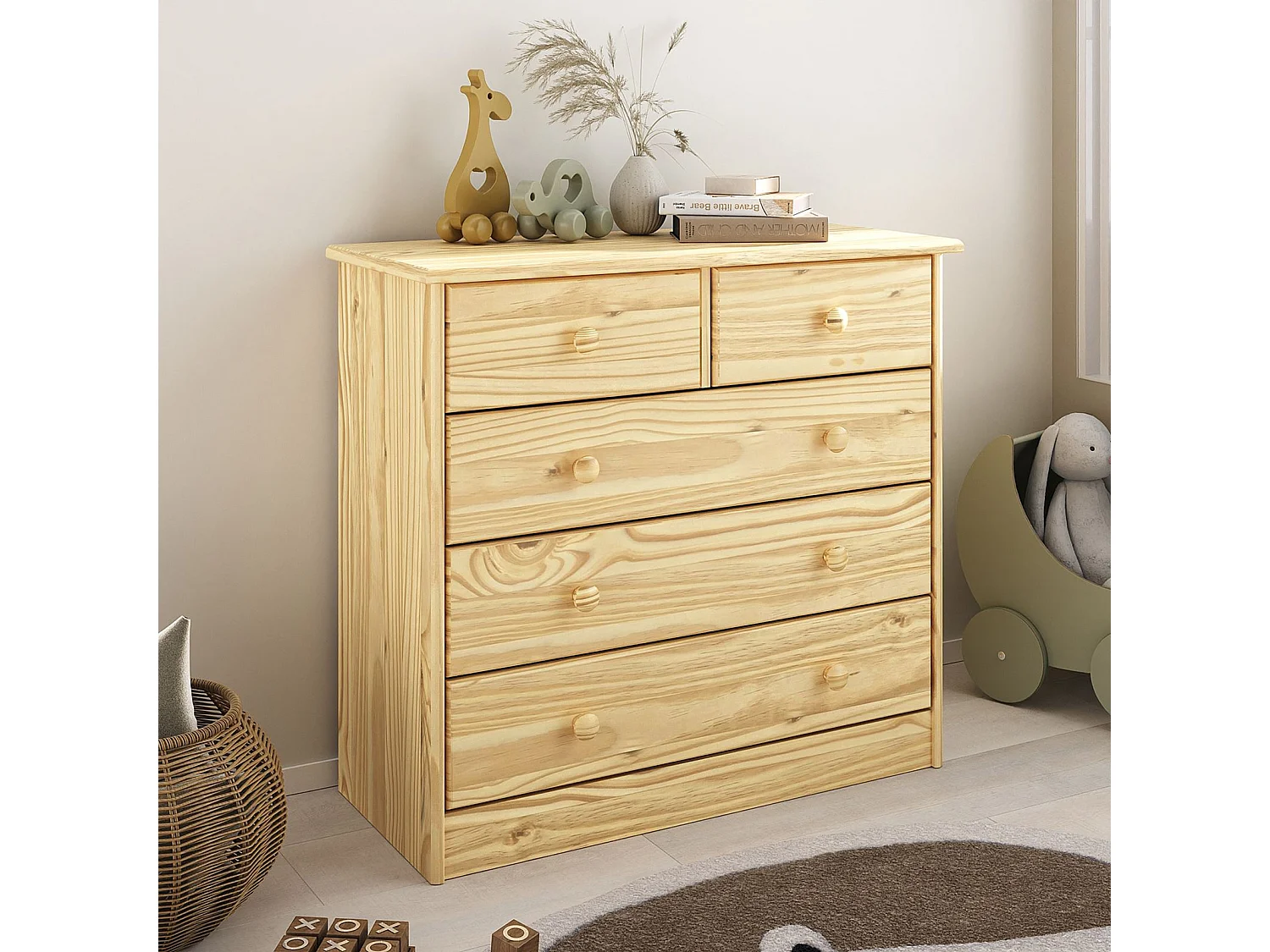 Commode de chambre RONDO meuble de rangement avec 5 tiroirs, en pin massif vernis naturel