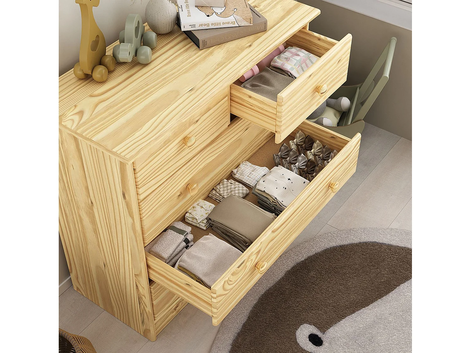 Commode de chambre RONDO meuble de rangement avec 5 tiroirs, en pin massif vernis naturel