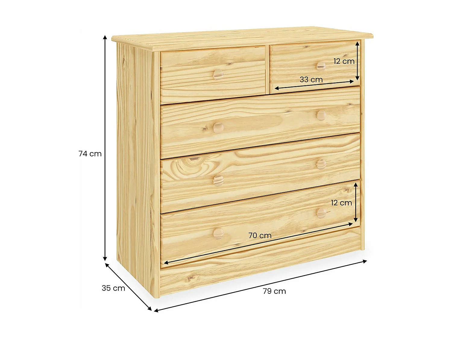 Commode de chambre RONDO meuble de rangement avec 5 tiroirs, en pin massif vernis naturel