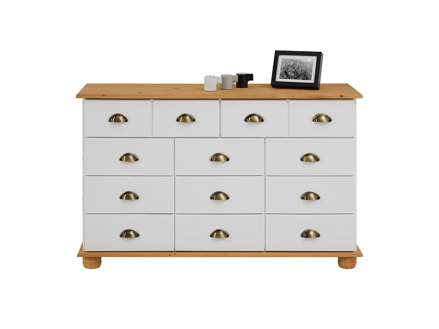 Commode COLMAR chiffonnier apothicaire rangement avec 11 tiroirs en pin massif lasuré blanc et brun