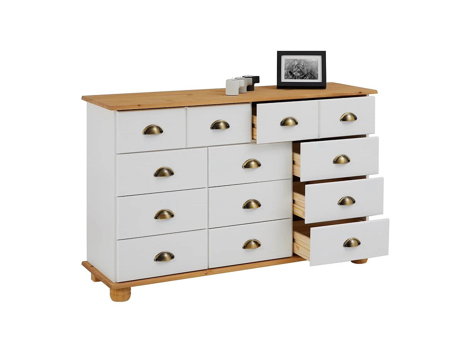 Commode COLMAR chiffonnier apothicaire rangement avec 11 tiroirs en pin massif lasuré blanc et brun