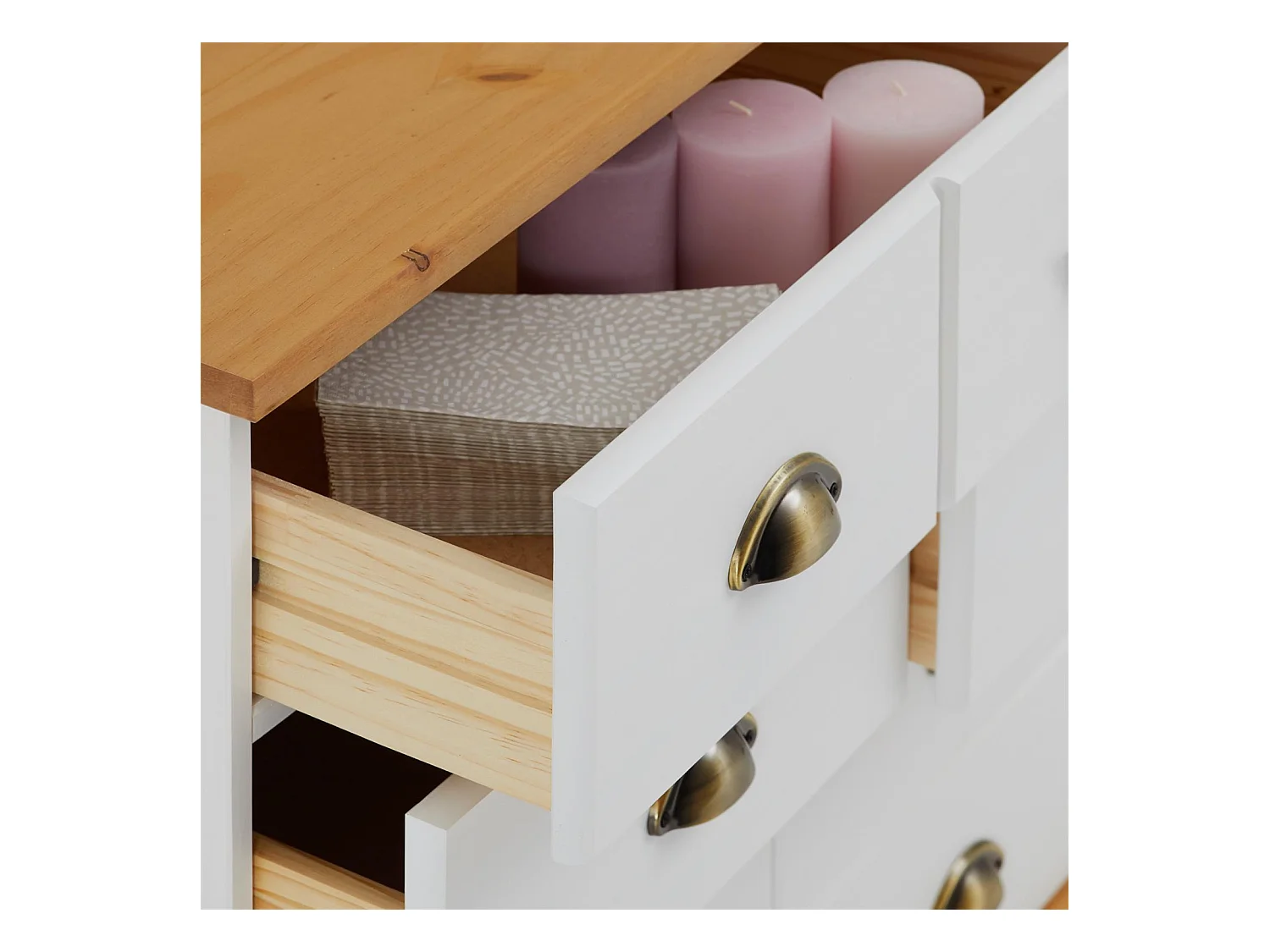 Commode COLMAR chiffonnier apothicaire rangement avec 11 tiroirs en pin massif lasuré blanc et brun