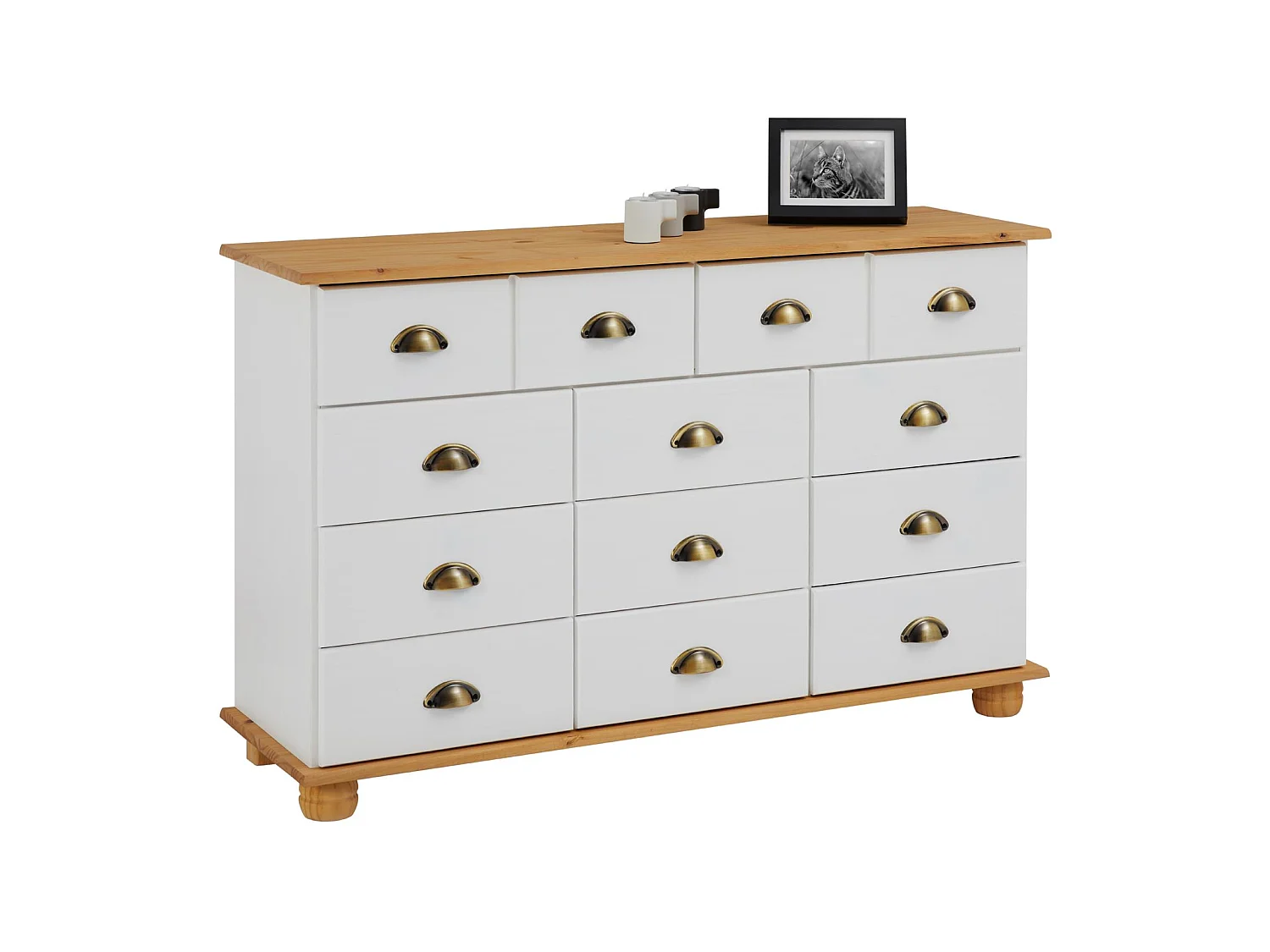 Commode COLMAR chiffonnier apothicaire rangement avec 11 tiroirs en pin massif lasuré blanc et brun