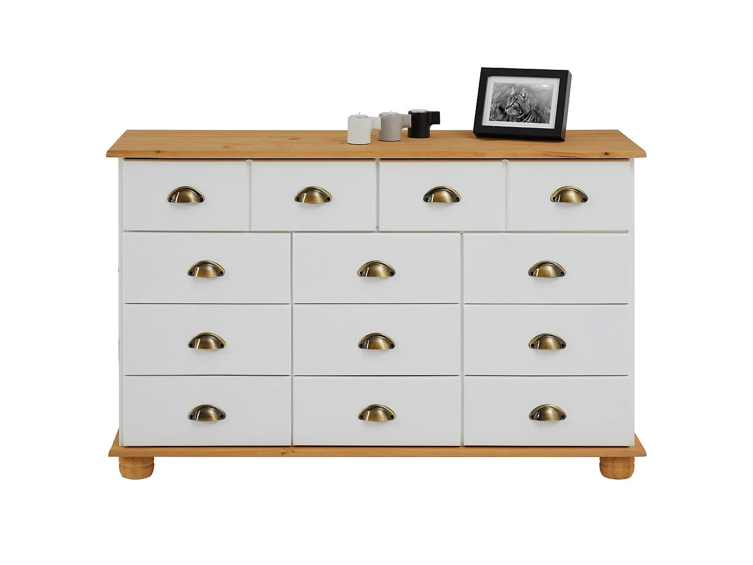 Commode COLMAR chiffonnier apothicaire rangement avec 11 tiroirs en pin massif lasuré blanc et brun