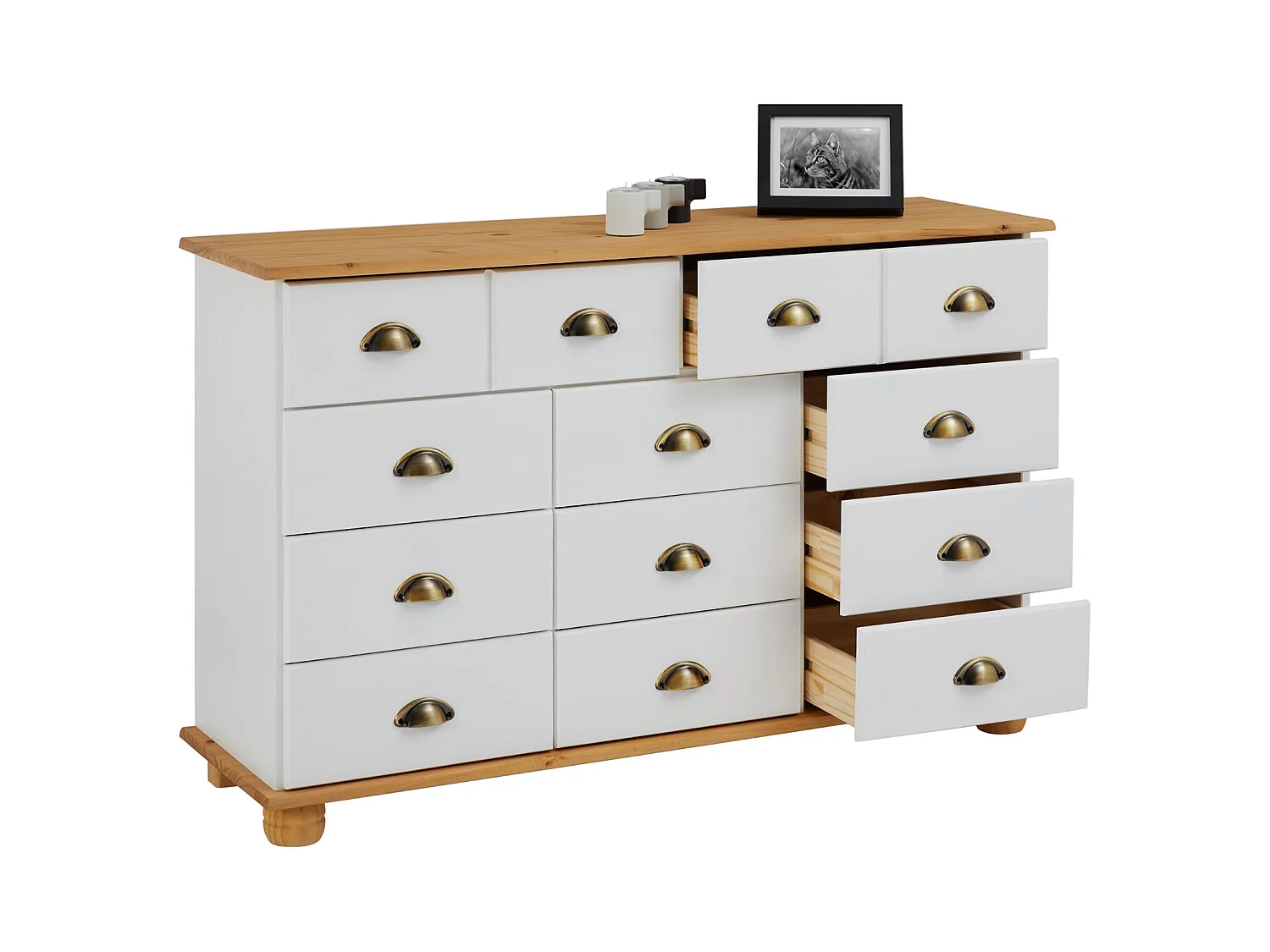 Commode COLMAR chiffonnier apothicaire rangement avec 11 tiroirs en pin massif lasuré blanc et brun