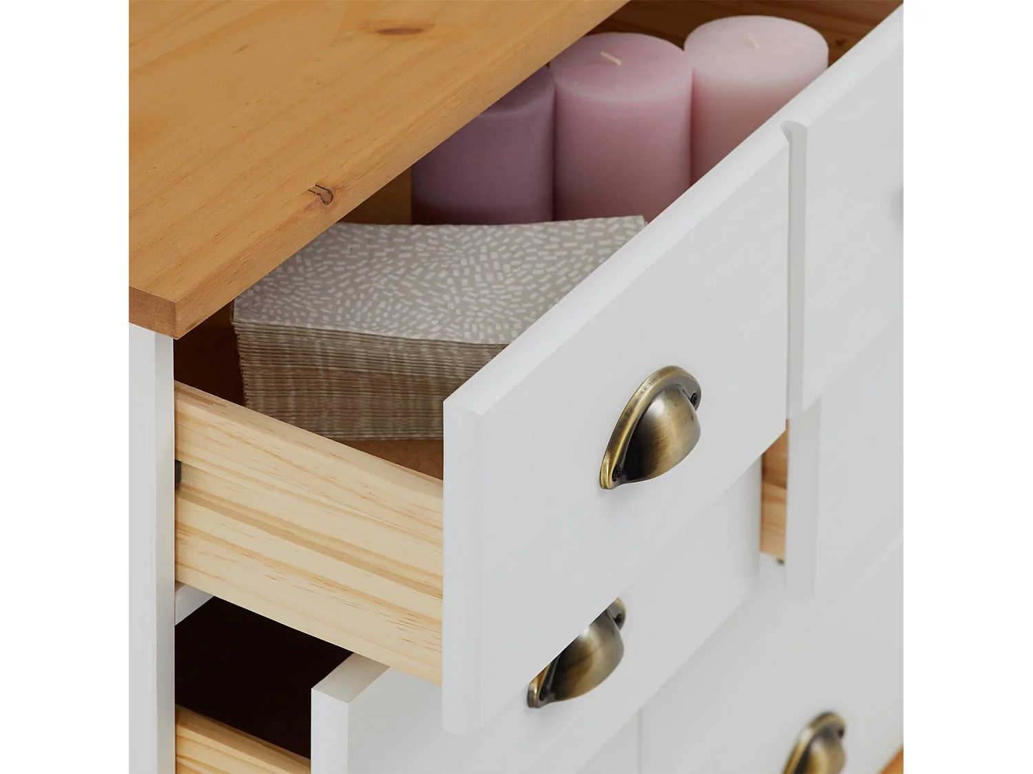 Commode COLMAR chiffonnier apothicaire rangement avec 11 tiroirs en pin massif lasuré blanc et brun