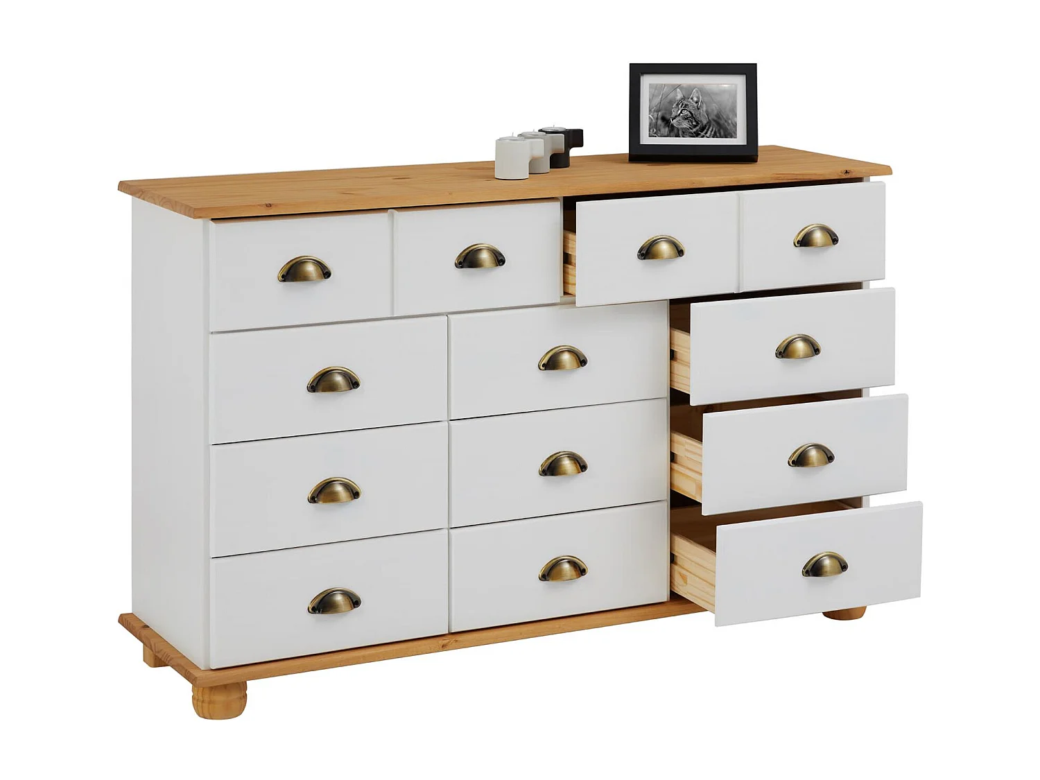 Commode COLMAR chiffonnier apothicaire rangement avec 11 tiroirs en pin massif lasuré blanc et brun