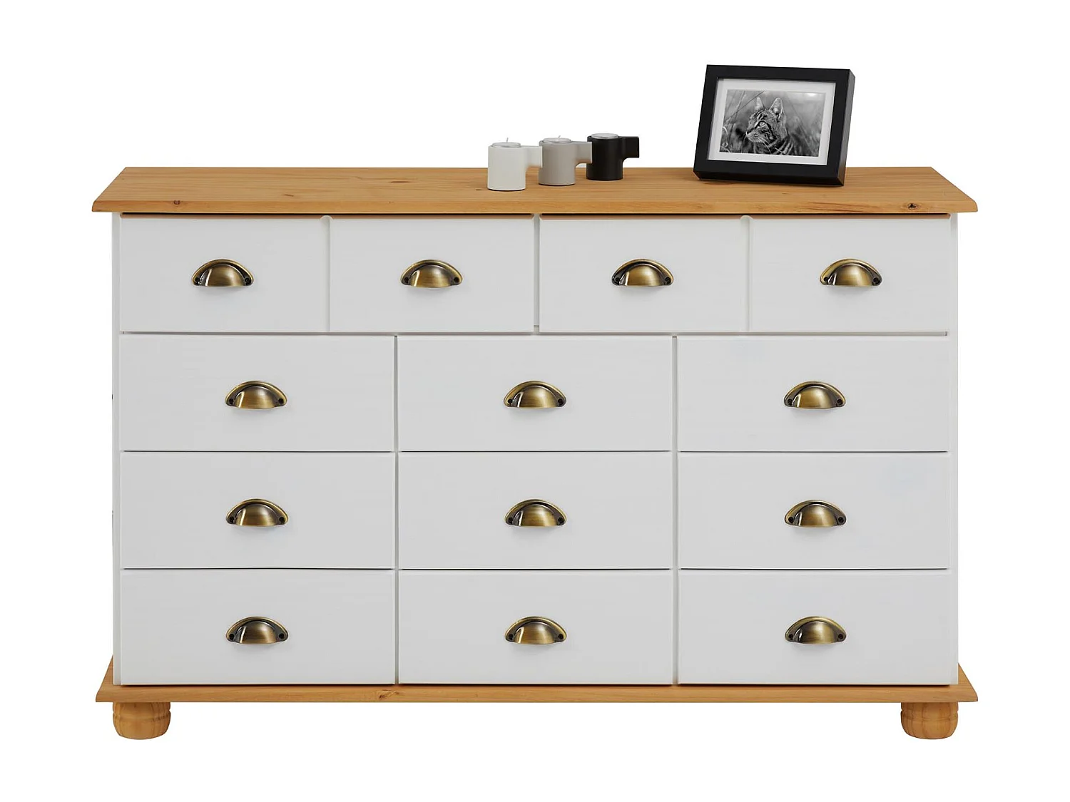 Commode COLMAR chiffonnier apothicaire rangement avec 11 tiroirs en pin massif lasuré blanc et brun