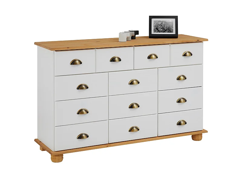 Commode COLMAR chiffonnier apothicaire rangement avec 11 tiroirs en pin massif lasuré blanc et brun