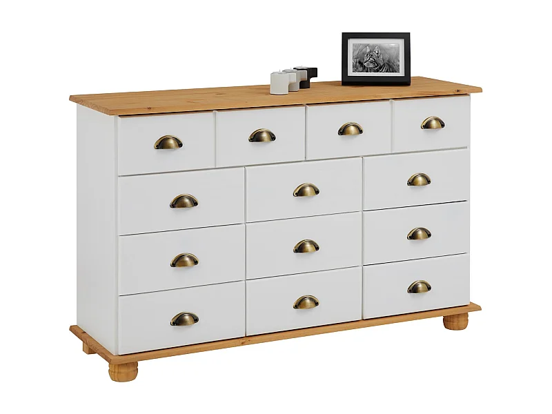 Commode COLMAR chiffonnier apothicaire rangement avec 11 tiroirs en pin massif lasuré blanc et brun