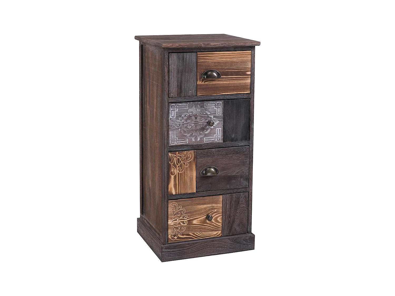 Chiffonnier MARA avec 4 tiroirs, commode en bois de paulownia style vintage ethnique bohême avec gravures