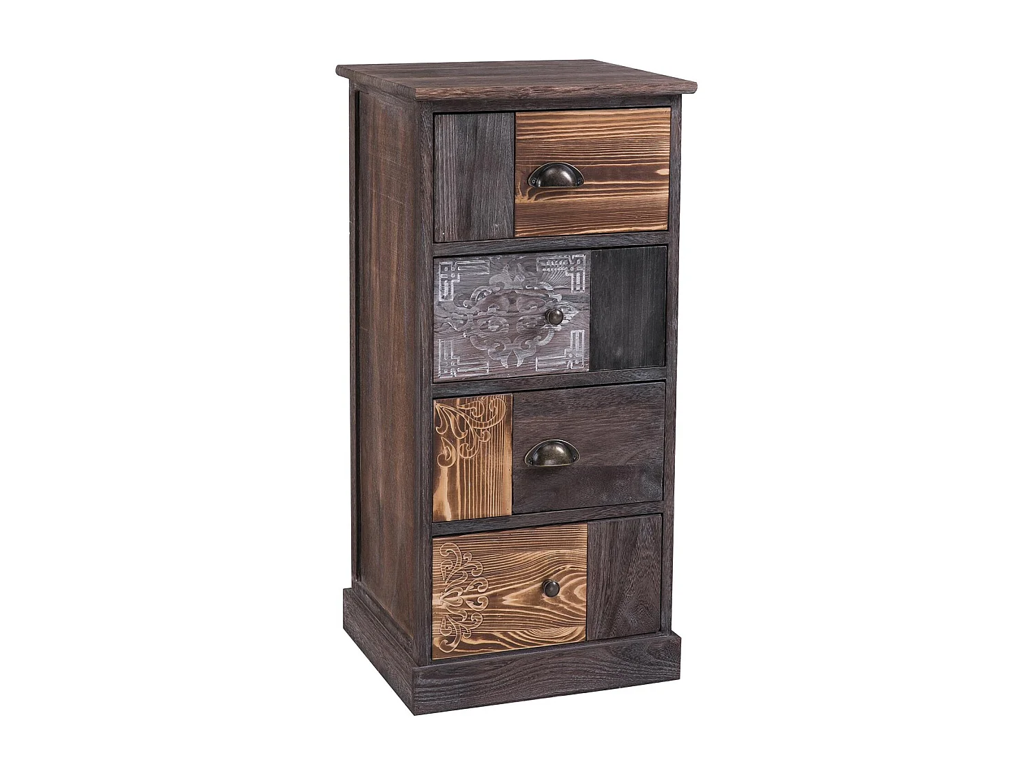 Chiffonnier MARA avec 4 tiroirs, commode en bois de paulownia style vintage ethnique bohême avec gravures